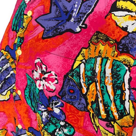 Vintage 90s Hilo Hattie Hawaiian Shirt Bright Tropical Fish Print Short Sleeve - Picture 6 of 11